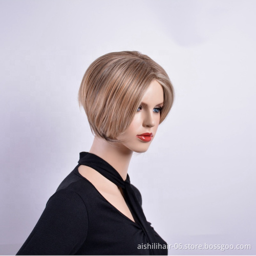 wholesale Short Straight Hair natural  Brown mix blonde  heat resistant synthetic hair Wigs for women